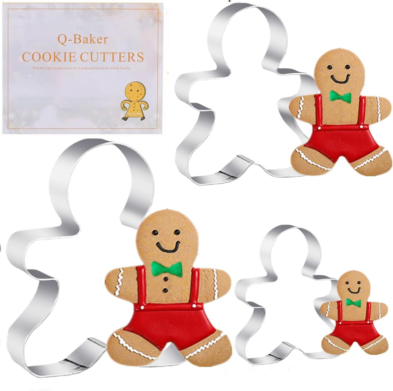 3PCS Gingerbread Man Cookie Cutters, 5.12" 4.34" 3.42" Large Christmas Cookie Cutters -Stainless Steel Holiday Cookie Cutters Shapes for Baking Gift